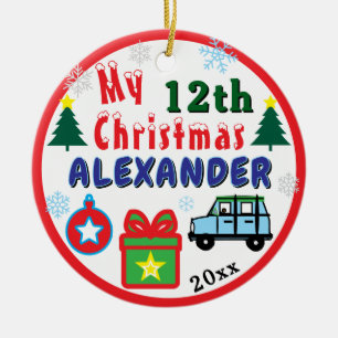 Weihnachtsfoto Blaues Auto Junge Alter Name Keramik Ornament