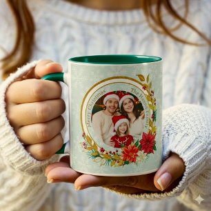 Weihnachtsfoto - Familie mit goldenem Glitterkranz Tasse