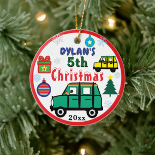 Weihnachtsfoto grüne gelbe Autos Junge Keramik Ornament