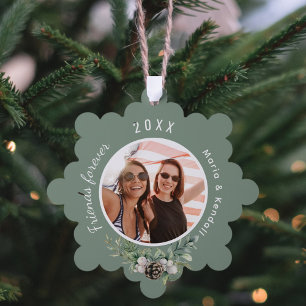Weihnachtsfoto mit besten Freundinnen in Salbeigrü Ornament Karte