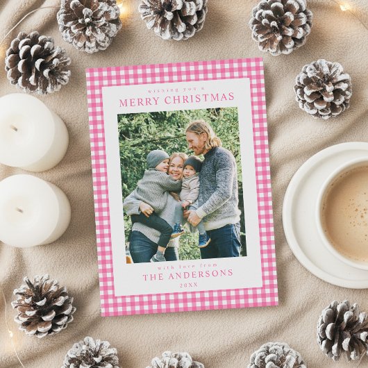Weihnachtsfoto mit rosa Gingham-Muster Feiertagskarte
