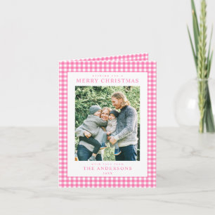 Weihnachtsfoto mit rosa Gingham-Muster Feiertagskarte