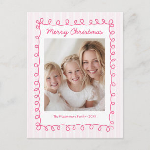 Weihnachtsfoto mit rosa Streifen und Schnörkel Feiertagspostkarte