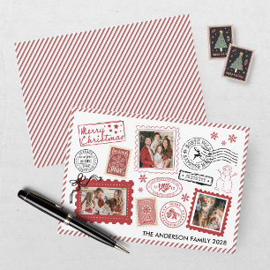 Weihnachtsfoto mit Vintage-Burgunder-Poststempel  Feiertagskarte