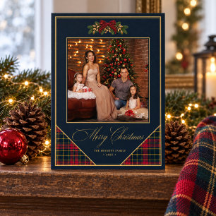 Weihnachtsfoto Navy Tartan Roter Bogen Feiertagskarte