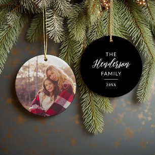 Weihnachtsfoto-Ornament mit Familienname und Jahr Keramik Ornament
