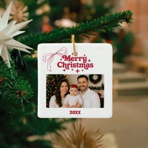 Weihnachtsfoto-Schleife rot Doodle Keramikornament