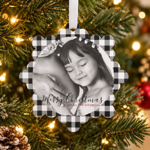 Weihnachtsfoto Schwarz-Weiß-Karo Gingham-Muster Ornament Karte