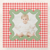 Weihnachtsfoto Wellige grüne Umrandung Gingham Wei Glasuntersetzer (Vorderseite)