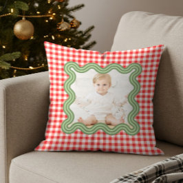 Weihnachtsfoto Wellige grüne Umrandung Gingham Wei Kissen