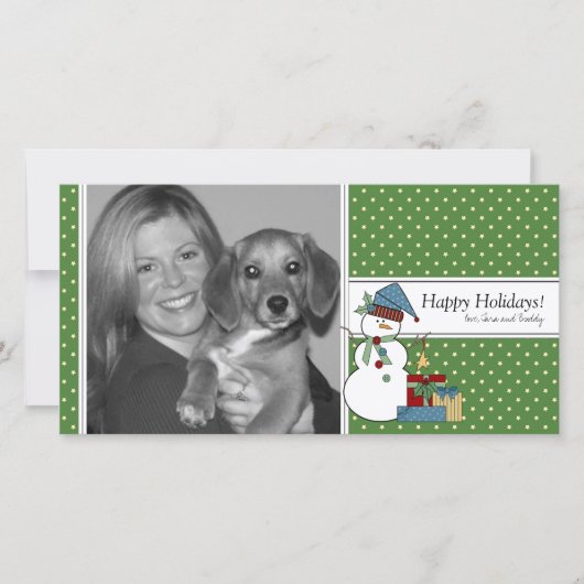 Weihnachtsfotokarte des Schneemanns {grün} Feiertagskarte (Vorderseite)