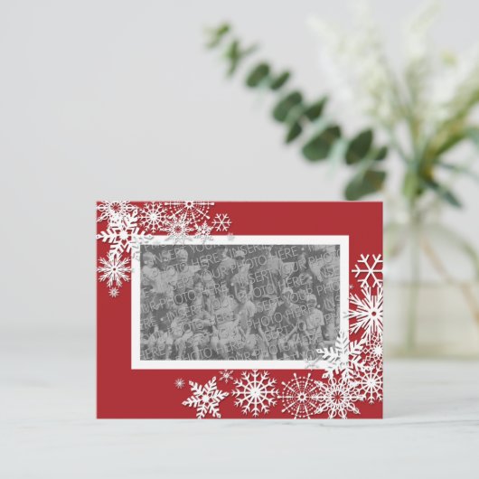 Weihnachtsfotokarte mit Schneeflocken Feiertagspostkarte (Stehend Vorderseite)