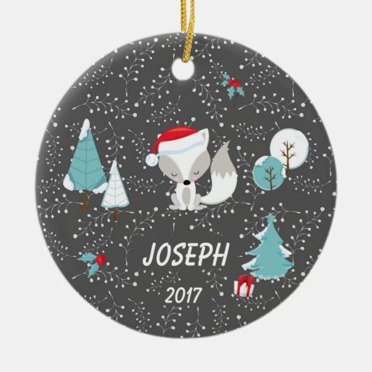 Weihnachtsfox-Baum-graue Wintersprigs-Verzierung Keramikornament (Vorne)