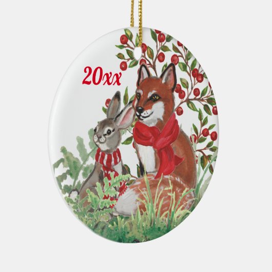 Weihnachtsfox Bunny Rabbit Botanical Red Berry Keramik Ornament (Rechts)