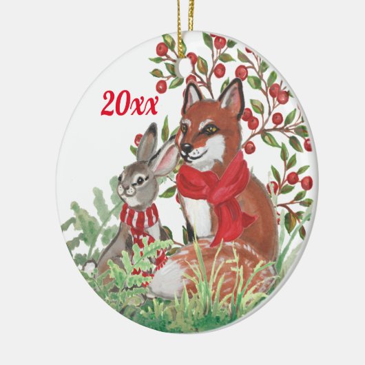 Weihnachtsfox Bunny Rabbit Botanical Red Berry Keramik Ornament (Links)