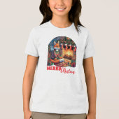 Weihnachtsfox mit Strümpfen und Holly Tri-Blend Shirt (Vorderseite)