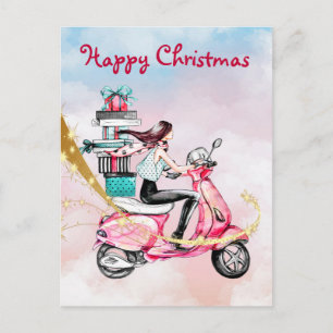 Weihnachtsfrau auf einem rosa Roller Postkarte