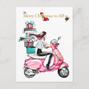 Weihnachtsfrau auf einem rosa Roller Postkarte