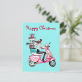Weihnachtsfrau auf einem rosa Roller Postkarte (Stehend Vorderseite)
