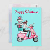 Weihnachtsfrau auf einem rosa Roller Postkarte (Vorne/Hinten)