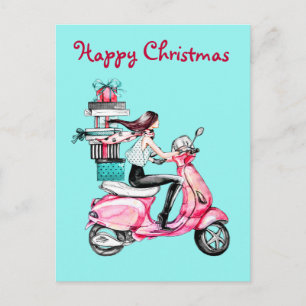 Weihnachtsfrau auf einem rosa Roller Postkarte