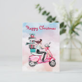 Weihnachtsfrau auf einem rosa Roller Postkarte (Stehend Vorderseite)