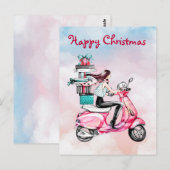 Weihnachtsfrau auf einem rosa Roller Postkarte (Vorne/Hinten)