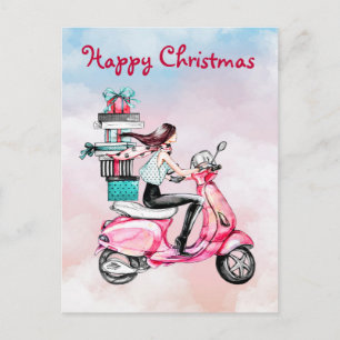 Weihnachtsfrau auf einem rosa Roller Postkarte