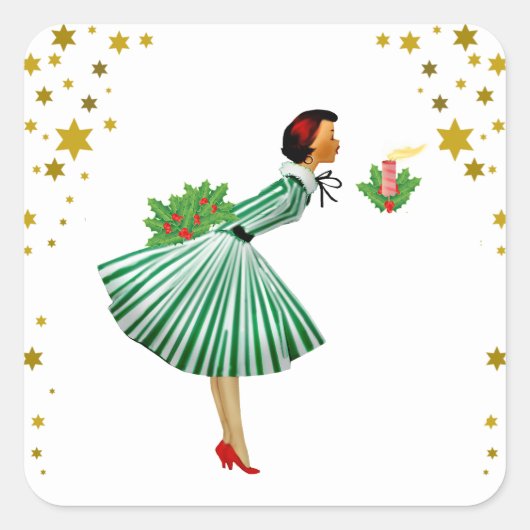 Weihnachtsfrau haucht eine Kerze aus Quadratischer Aufkleber (Vorderseite)