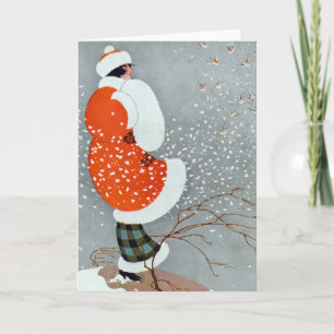 Weihnachtsfrau im Schnee im Vintage-Stil Feiertagskarte