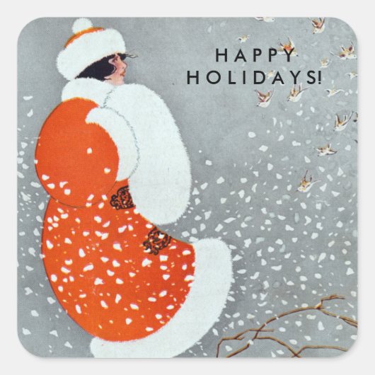 Weihnachtsfrau in Rotem Coat mit Vögeln Quadratischer Aufkleber (Vorderseite)
