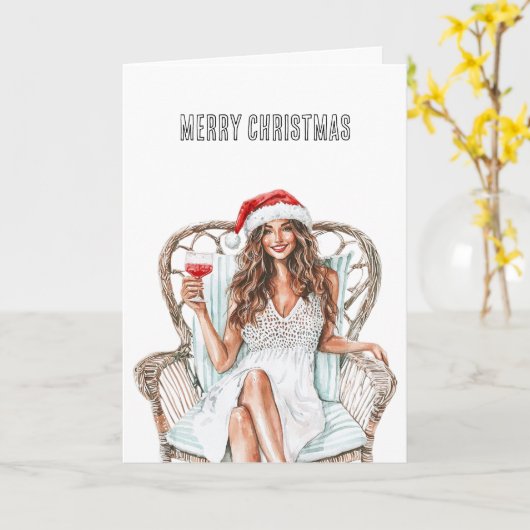 Weihnachtsfrau in Weihnachtsmannmütze Karte (Gelbe Blume)