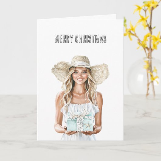 Weihnachtsfrau mit Geschenk Karte (Gelbe Blume)