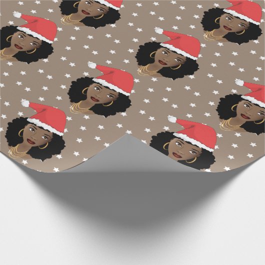 Weihnachtsfrau, Schwarze Frau, Sterne, Braun Geschenkpapier (Ecke)