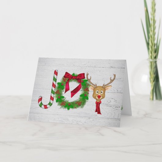 Weihnachtsfreude auf grauem rustikalem Holz mit Sc Karte (Vorderseite)