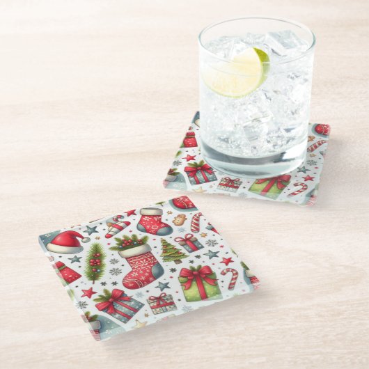 Weihnachtsfreude Glasuntersetzer (Schrägansicht)