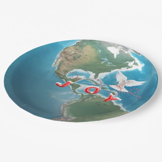 Weihnachtsfreude mit der Weißen Taube auf der Welt Pappteller (Schrägansicht)