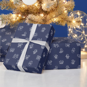 Weihnachtsfreude mit Strichmännchen in Weiß auf Mi Geschenkpapier