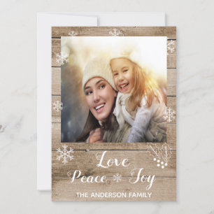 Weihnachtsfrieden Liebe Freude rustikale Holzfotok Feiertagskarte