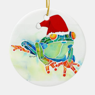 Weihnachtsfrosch mit Weihnachtsmannmütze Keramikornament