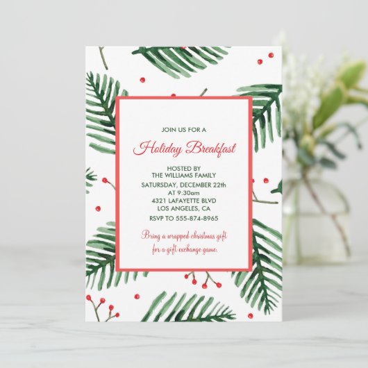 Weihnachtsfrühstück Einladung Elegante Evergreen (Stehend Vorderseite)