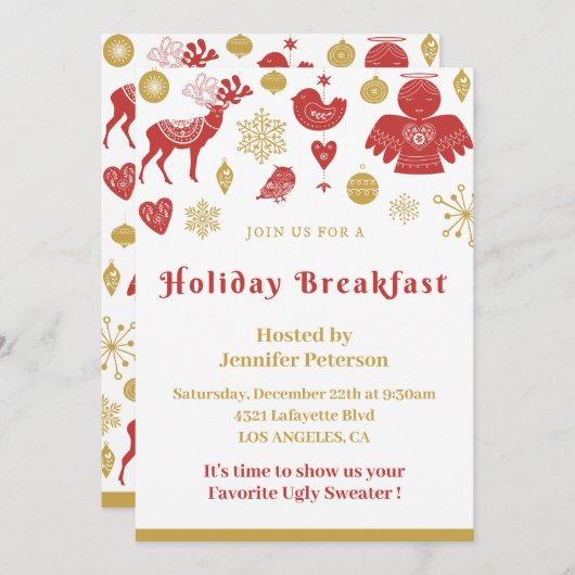 Weihnachtsfrühstück Einladung Gold Red Nordic (Vorne/Hinten)