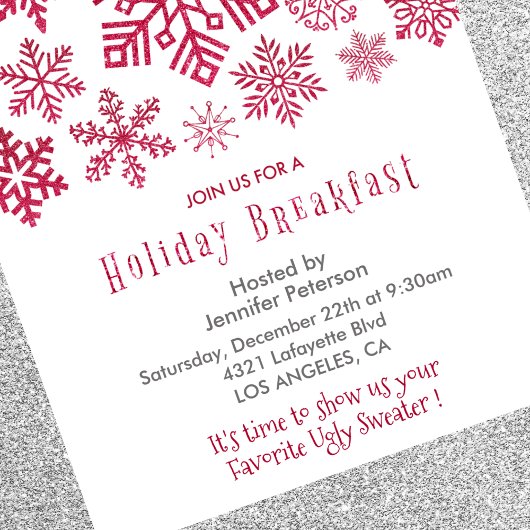 Weihnachtsfrühstück Einladung Schneeflocken Rot