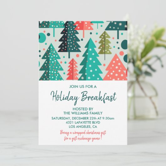 Weihnachtsfrühstück Einladung Wald Schneefall (Stehend Vorderseite)