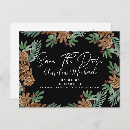 Weihnachtsgebäck Pinecones Save the Date schwarz Postkarte (Vorne/Hinten)