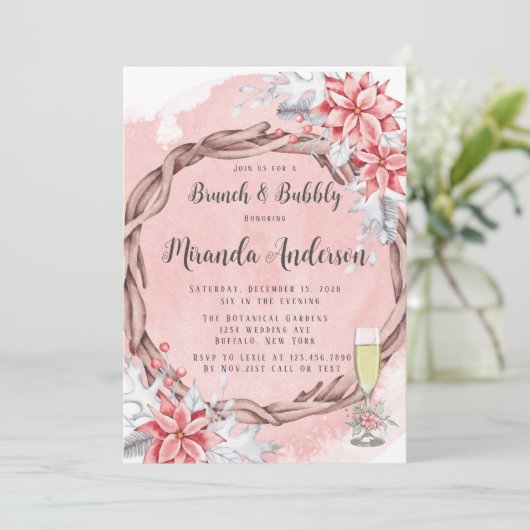 Weihnachtsgebälk Poinsettia Brunch & Bubbly Einladung (Stehend Vorderseite)