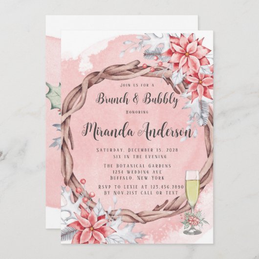 Weihnachtsgebälk Poinsettia Brunch & Bubbly Einladung (Vorne/Hinten)
