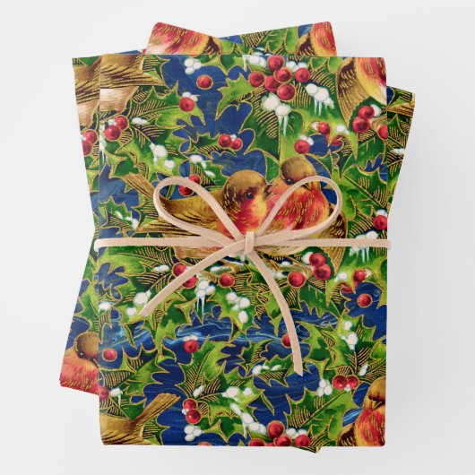 Weihnachtsgeburten Holly Imitate Gold Muster Geschenkpapier Set (Beispiel)