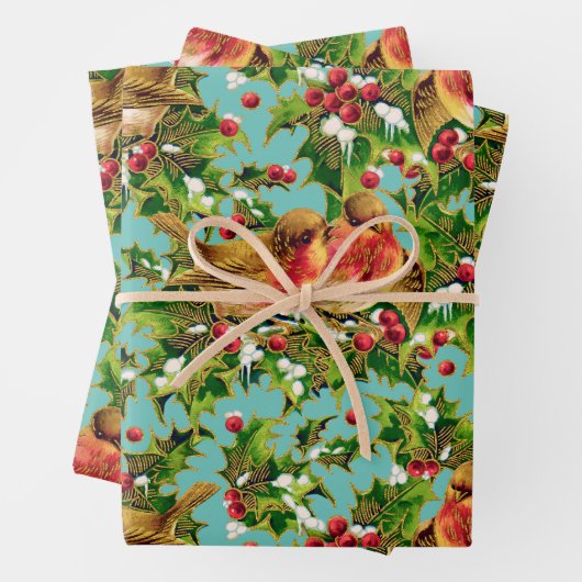 Weihnachtsgeburten Holly Imitate Gold Muster Geschenkpapier Set (Beispiel)