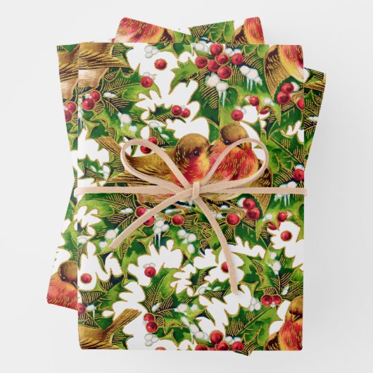 Weihnachtsgeburten Holly Imitate Gold Muster Geschenkpapier Set (Beispiel)